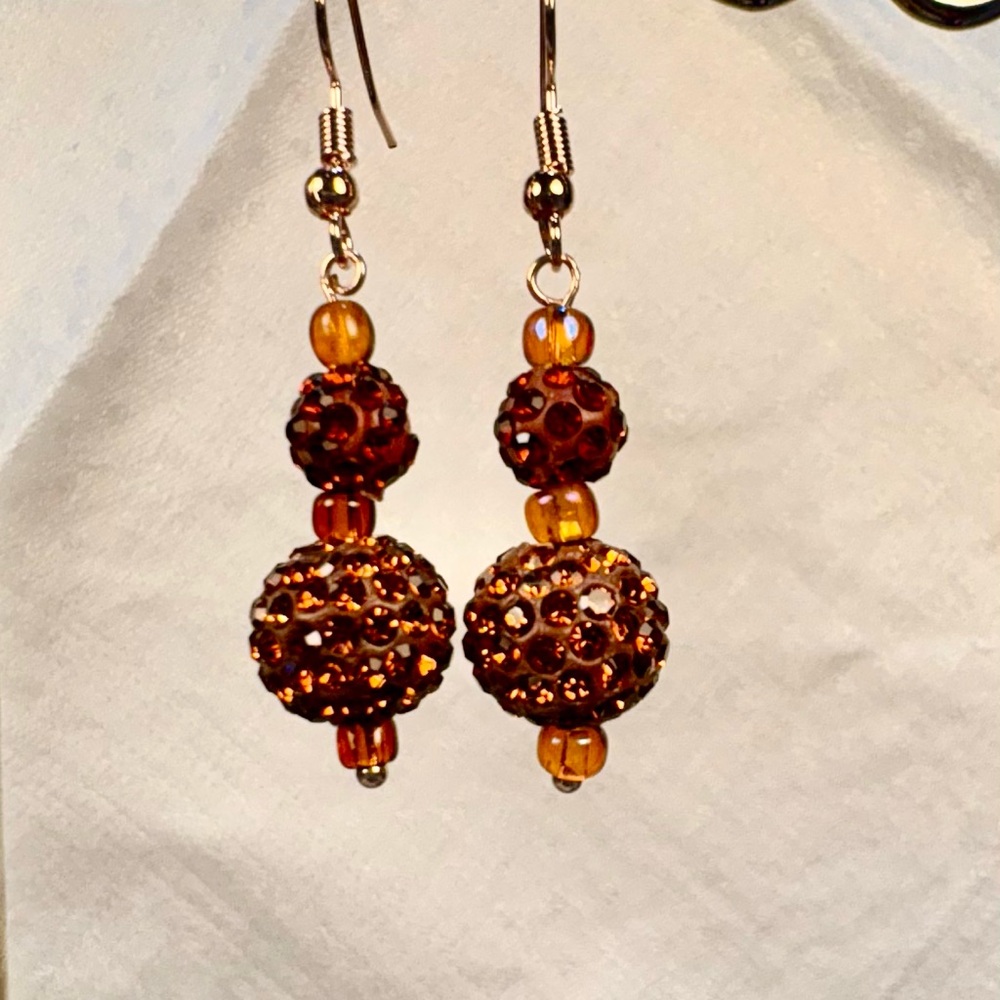 Earrings Pierced Autumn Handcrafted Brown Beads w/Rhinestones Orange AccentBeads